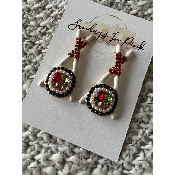 SUSHI Chopstick Jeweled Drop Earrings NEW - Picture 2 of 3